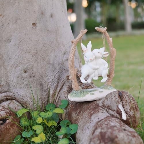 LC LCdecohome Easter Bunny Décor Outdoor Statues - Rabbit Décor Garden Decorations Easter Rabbit Figurine Couple Bunny Figurines Home Resin Rabbit Play on a Swing on The Tree 5L*2.5W*6.5H - Image 5