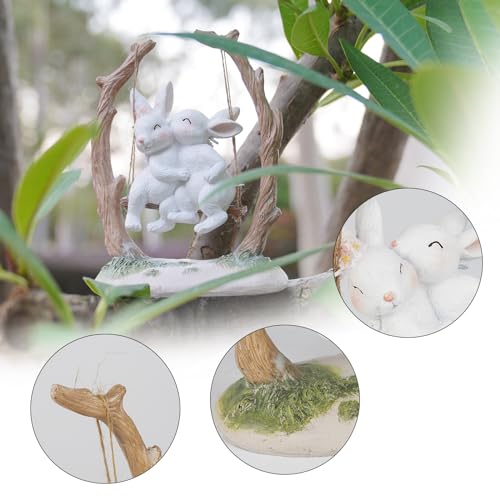 LC LCdecohome Easter Bunny Décor Outdoor Statues - Rabbit Décor Garden Decorations Easter Rabbit Figurine Couple Bunny Figurines Home Resin Rabbit Play on a Swing on The Tree 5L*2.5W*6.5H - Image 3