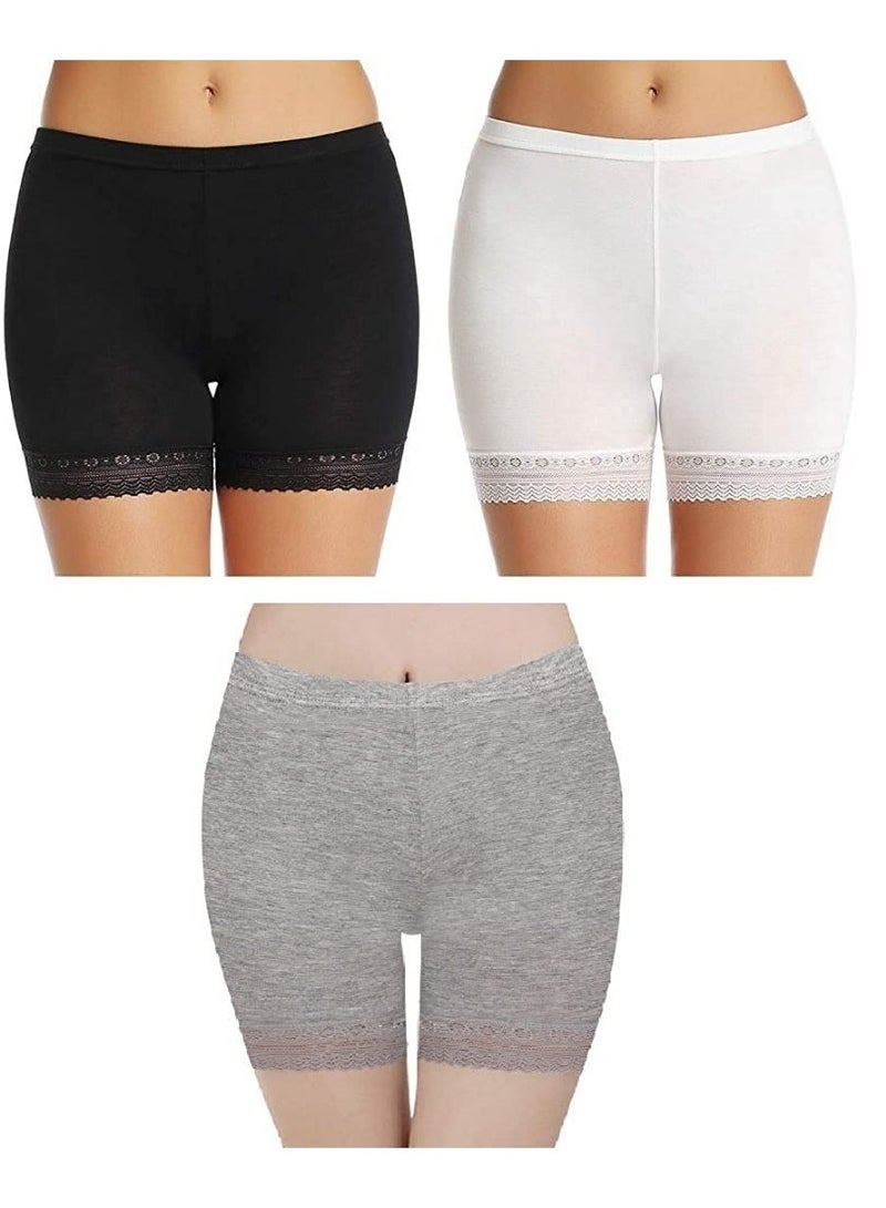 Glamroot Women's/Girl's Cotton Lycra Shorts with Lace Trim Cycling Shorts/Safety Shorts/Under Skirt Shorts/Night Shorts, Black/White/Grey, Pack Of 3 - Image 1