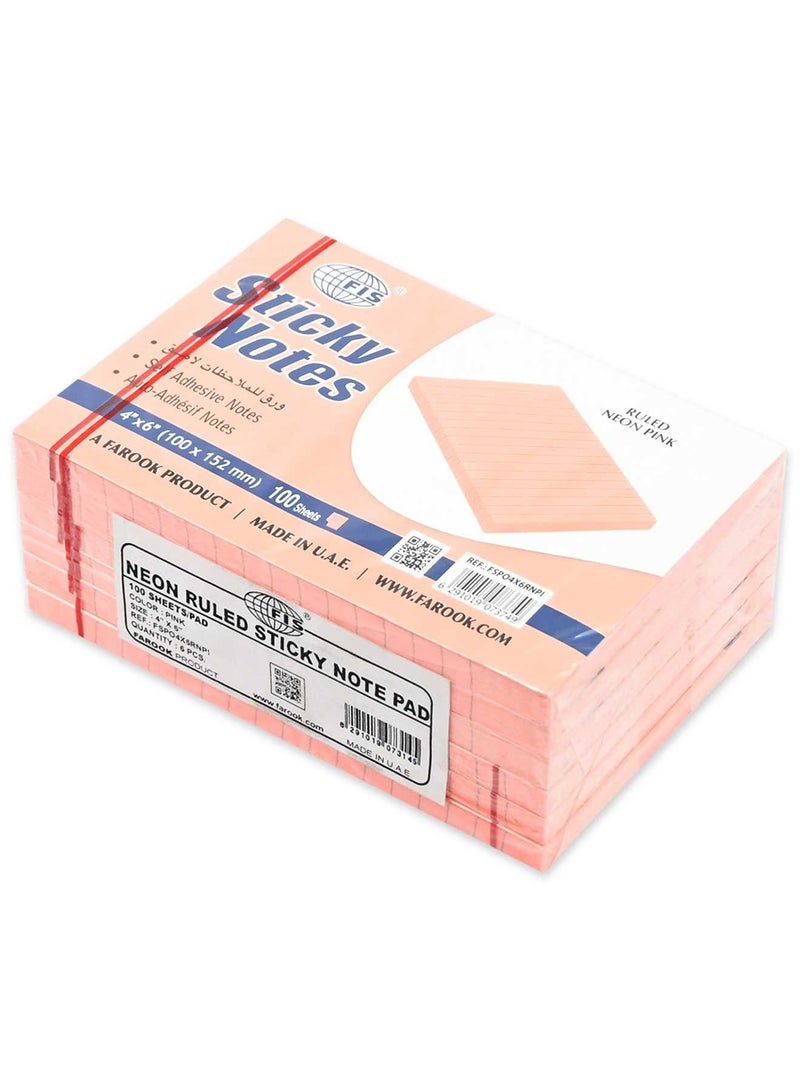 FIS Sticky Note Pad, 4X6 inches, Pack of 6, Ruled Neon Pink -FSPO4X6RNPI - Image 1