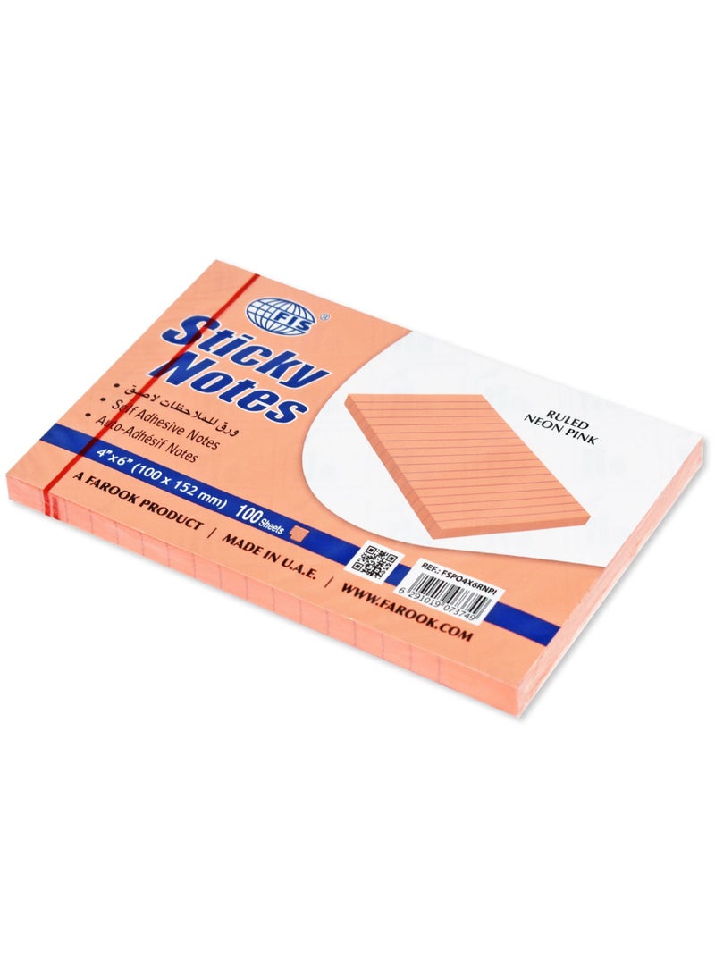 FIS Sticky Note Pad, 4X6 inches, Pack of 6, Ruled Neon Pink -FSPO4X6RNPI - Image 2