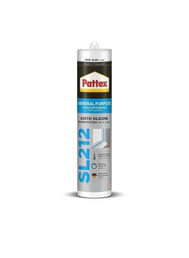 Pattex SL212 General Purpose Acetic Silicone - White - 280ml - High-quality, waterproof and moisture-resistant sealant for domestic and industrial uses. Single piece. - Image 1