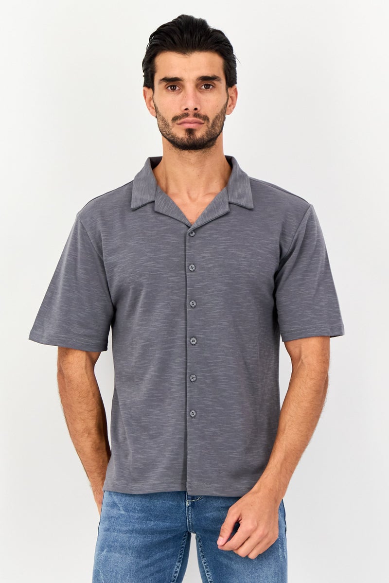 Core Elements Men Regular Fit Chambray Short Sleeves Casual Shirt, Charcoal Grey - Image 1