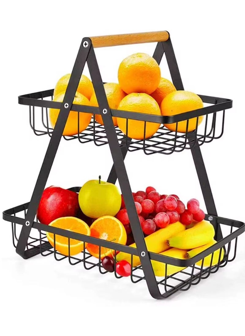 VIO 2 Tier Fruit Basket with Detachable Baskets Household Hanging Fruit Basket Storage Organizer Countertop 2 Level Metal Fruit Stand Decorative Fruit Bowl Countertop Fruit Vegetable Bowl with Wooden Handle for Fruits Veggies Snacks Breads Kitchen Counter  - Image 1