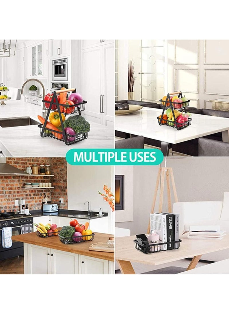 VIO 2 Tier Fruit Basket with Detachable Baskets Household Hanging Fruit Basket Storage Organizer Countertop 2 Level Metal Fruit Stand Decorative Fruit Bowl Countertop Fruit Vegetable Bowl with Wooden Handle for Fruits Veggies Snacks Breads Kitchen Counter  - Image 4