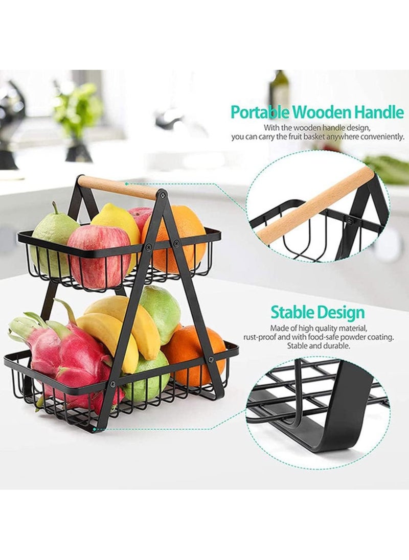 VIO 2 Tier Fruit Basket with Detachable Baskets Household Hanging Fruit Basket Storage Organizer Countertop 2 Level Metal Fruit Stand Decorative Fruit Bowl Countertop Fruit Vegetable Bowl with Wooden Handle for Fruits Veggies Snacks Breads Kitchen Counter  - Image 2