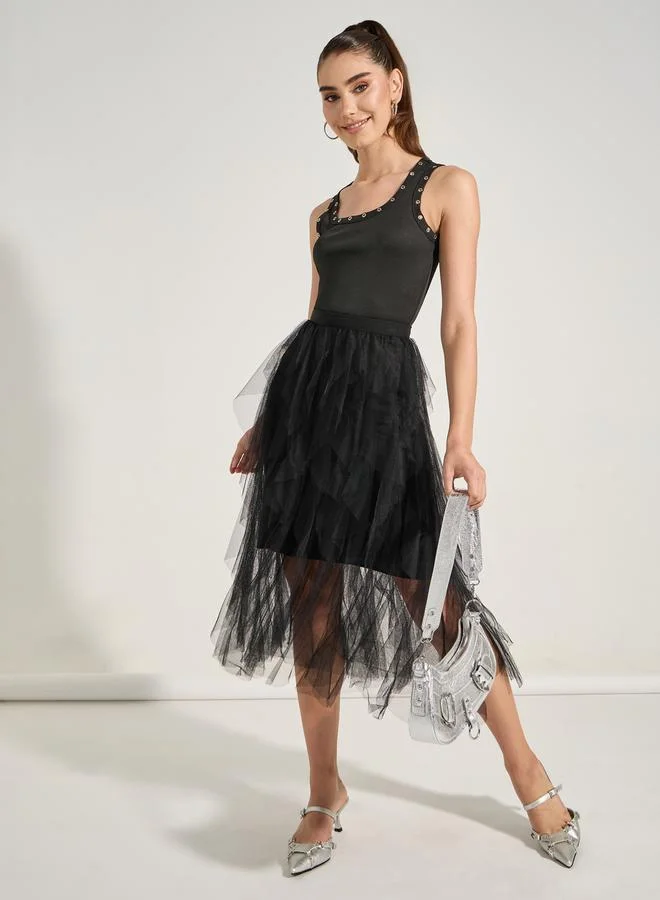 Take Two Frill Mesh Insert A-Line Midi Skirt