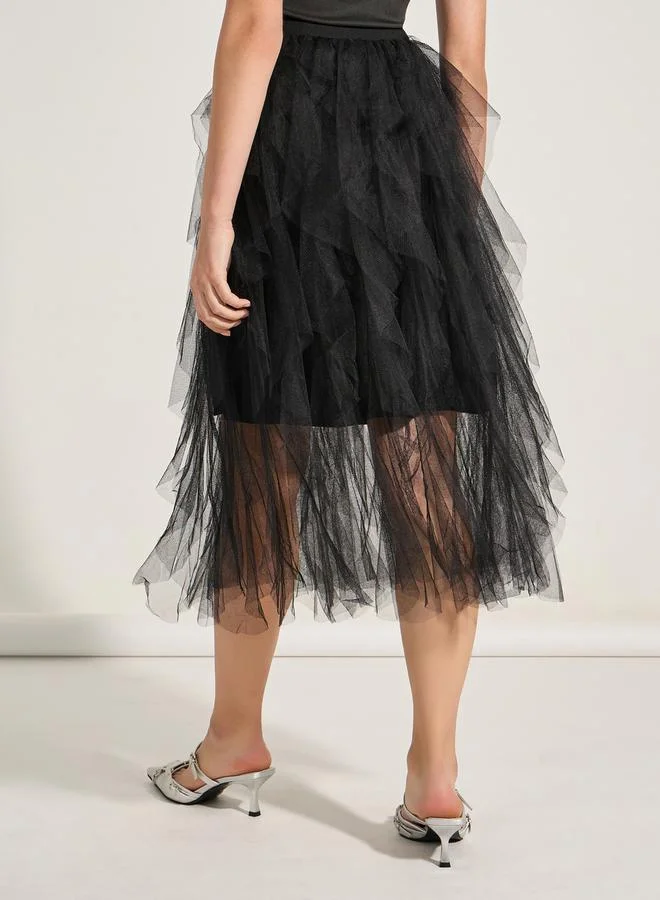 Take Two Frill Mesh Insert A-Line Midi Skirt