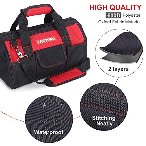 FASTPRO 14-Inch Zip-top Wide Mouth Open Storage Tool Bag, Classic Black&Red Design, Fashionable Design, 600D Polyester Fabric Material for Quality Endurance, With Adjustable Shoulder Strap - Image 2