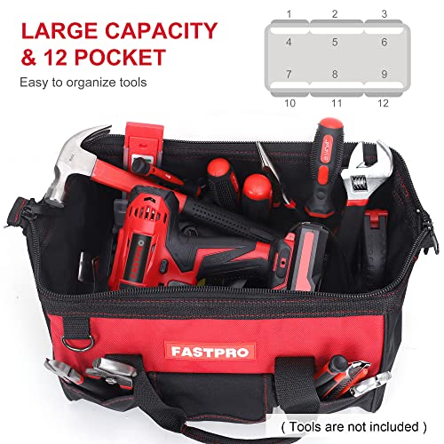 FASTPRO 14-Inch Zip-top Wide Mouth Open Storage Tool Bag, Classic Black&Red Design, Fashionable Design, 600D Polyester Fabric Material for Quality Endurance, With Adjustable Shoulder Strap - Image 4