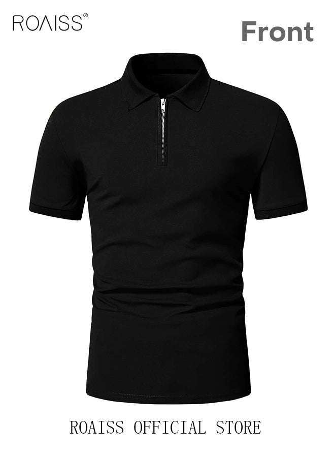roaiss Men's Polo Shirt Solid Color Short Sleeve Lapel T Shirt Casual Fit Summer Fashion Essential  - Image 3