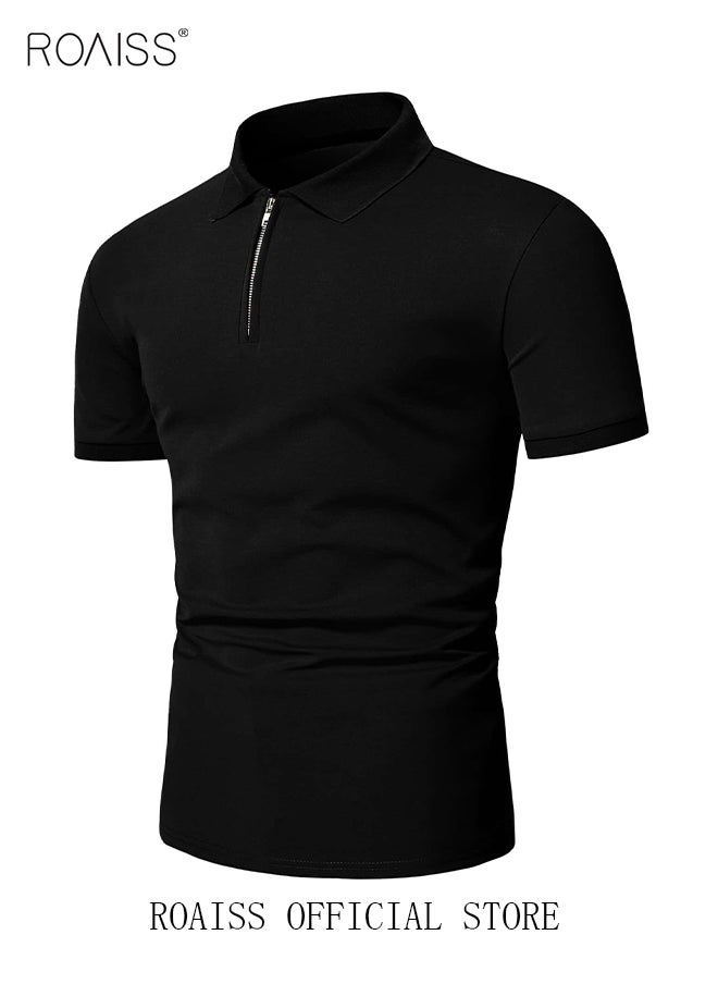 roaiss Men's Polo Shirt Solid Color Short Sleeve Lapel T Shirt Casual Fit Summer Fashion Essential  - Image 2