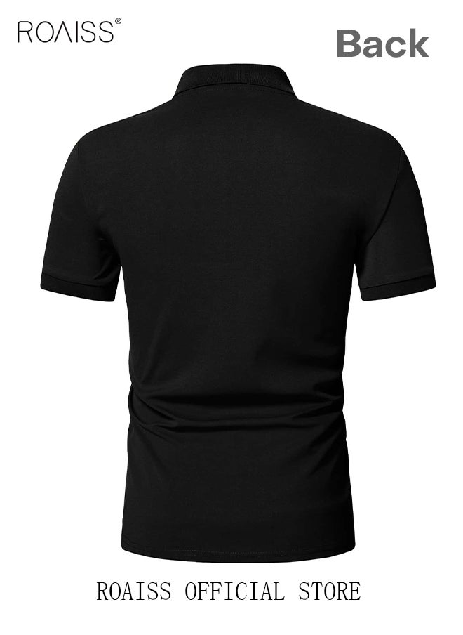 roaiss Men's Polo Shirt Solid Color Short Sleeve Lapel T Shirt Casual Fit Summer Fashion Essential  - Image 4