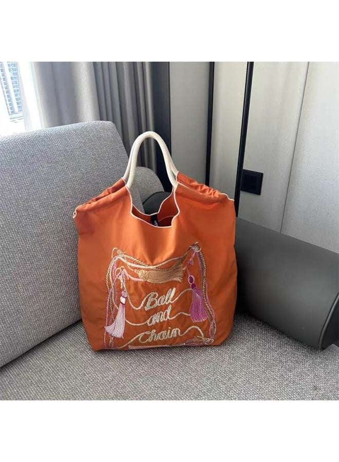 Fashionable Summer Japanese Style Ball Chain Embroidery Large Capacity Women's Shoulder Bag Trendy Crossbody Bag For Motorcycle-Color:Orange Tassel Frame-Size:Large - Image 1