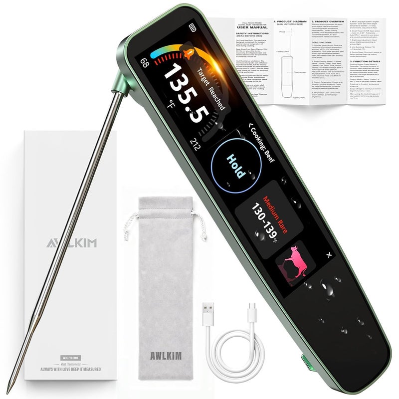 AWLKIM 0.5s Instant Read Smart Meat Thermometer Digital, 3.8″ HD Touchscreen with Temp-OS, Professional Kitchen Food Thermometer for Cooking, Grill, BBQ | ±0.5°F, −58–572°F, IP68, USB-C Rechargeable - Image 1
