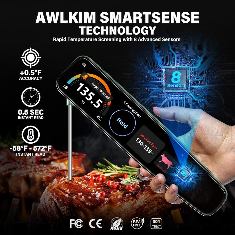 AWLKIM 0.5s Instant Read Smart Meat Thermometer Digital, 3.8″ HD Touchscreen with Temp-OS, Professional Kitchen Food Thermometer for Cooking, Grill, BBQ | ±0.5°F, −58–572°F, IP68, USB-C Rechargeable - Image 4