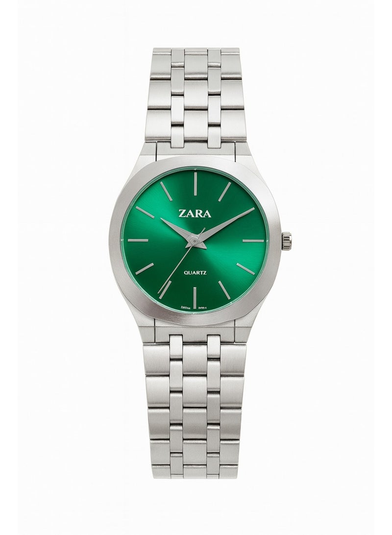 ZARA Quartz Analog Wristwatch for Men – Stainless Steel Bracelet, Green Dial