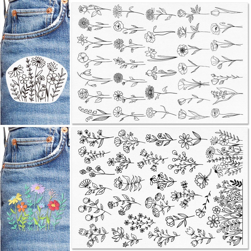 Patemby Embroidery Pattern Water Soluble Embroidery Stabilizers, Stick and Stitch Embroidery Paper Wash Away with Pre-Printed Pattern Designs Stencils Transfers for Hand Sewing Lover Beginner - Image 1