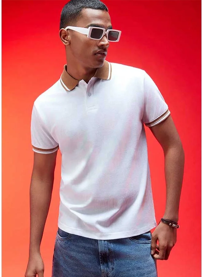 فيردو تيشيرت بولو قطن نقي رجالي أبيض نصف كم بقصة عادية
