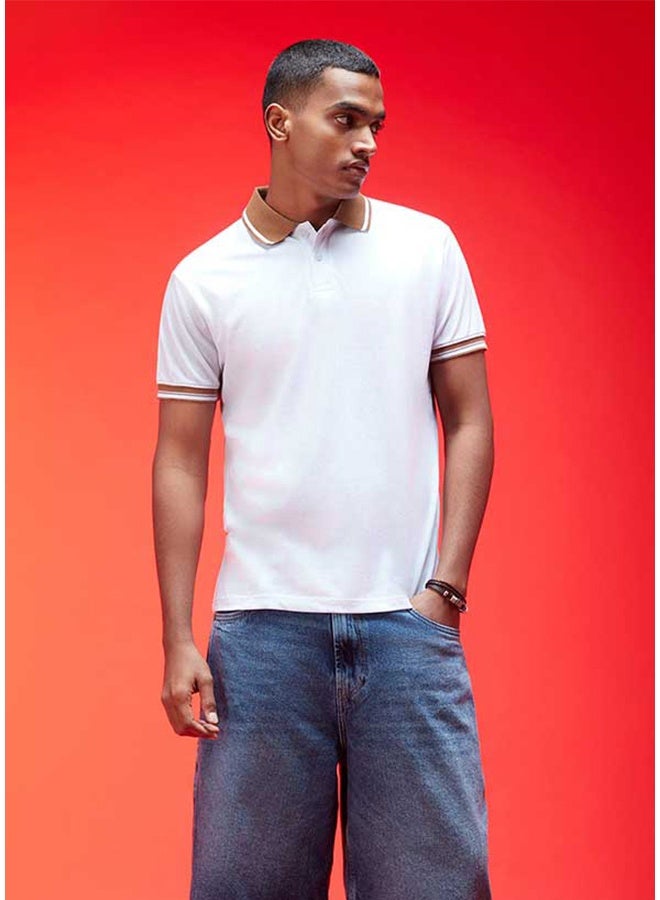 Veirdo Pure Cotton Regular Fit White Half Sleeve Polo T-Shirt For Men - Image 3