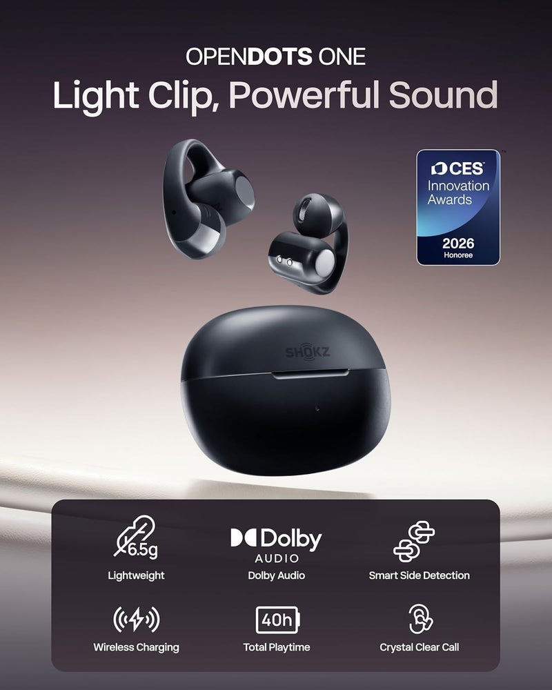 شوكز سماعات SHOKZ OpenDots ONE مفتوحة الأذن - صوت دولبي المميز، 40 ساعة وقت تشغيل، بلوتوث 5.4، مقاومة للماء IP54، مع قطعة قماش للتنظيف - أسود - Image 3