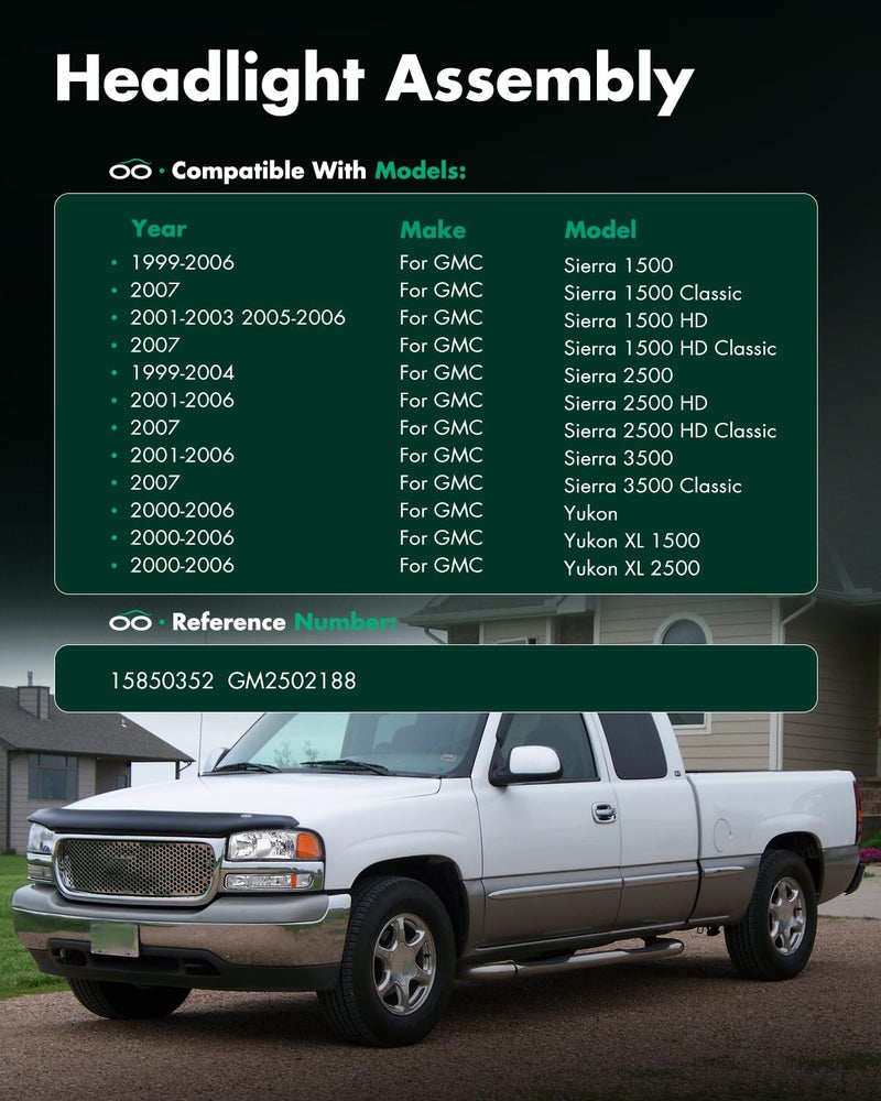 SCITOO مجموعة مصابيح أمامية SCITOO تناسب GMC سييرا 1500 1999-2006، لسييرا كلاسيك 1500/3500 2007 استبدال المصابيح الأمامية مصابيح الإشارة/الركن في هيكل كروم مع عاكس كهرماني عدسة شفافة - Image 5