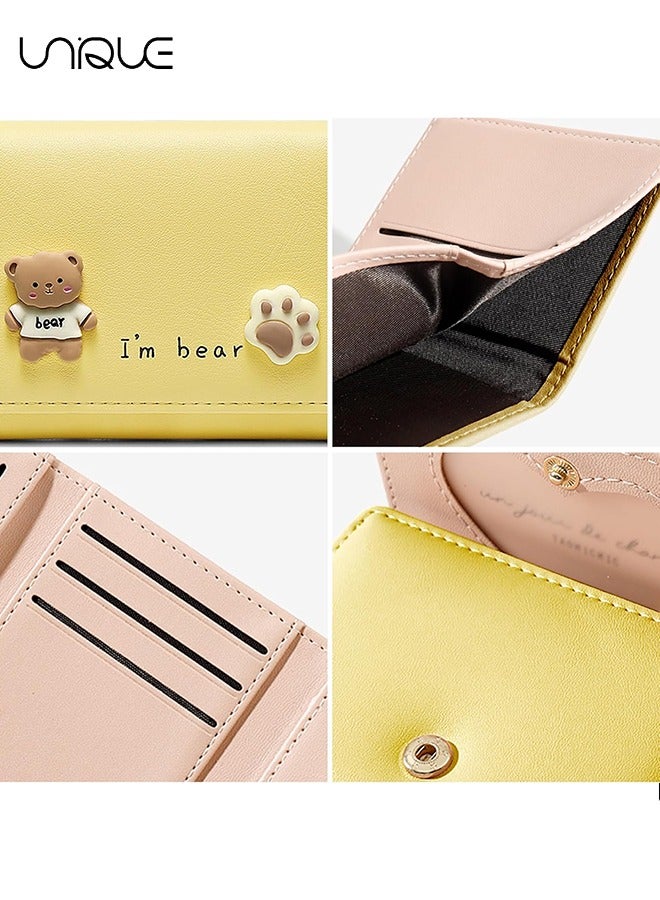Unique Small Wallet - Cartoon Cute Wallet for Girls - Trifold Wallet Slim Coin Purse Cash Pocket ID Window - PU Leather Slim Purse - Yellow - Image 3