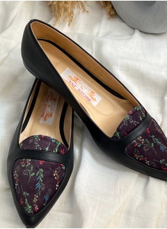 Tat Ballerina Flat Leather with Printed Fabric Part - black 