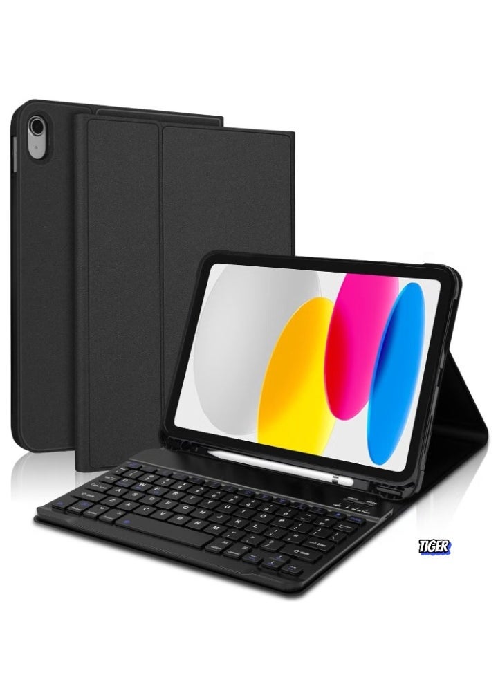 TIGER Lightweight Smart Cover with Magnetically Detachable Wireless Keyboard for iPad 2022 10th Gen 10.9 inch – Slim, Protective, Bluetooth Keyboard, Black  - Image 1