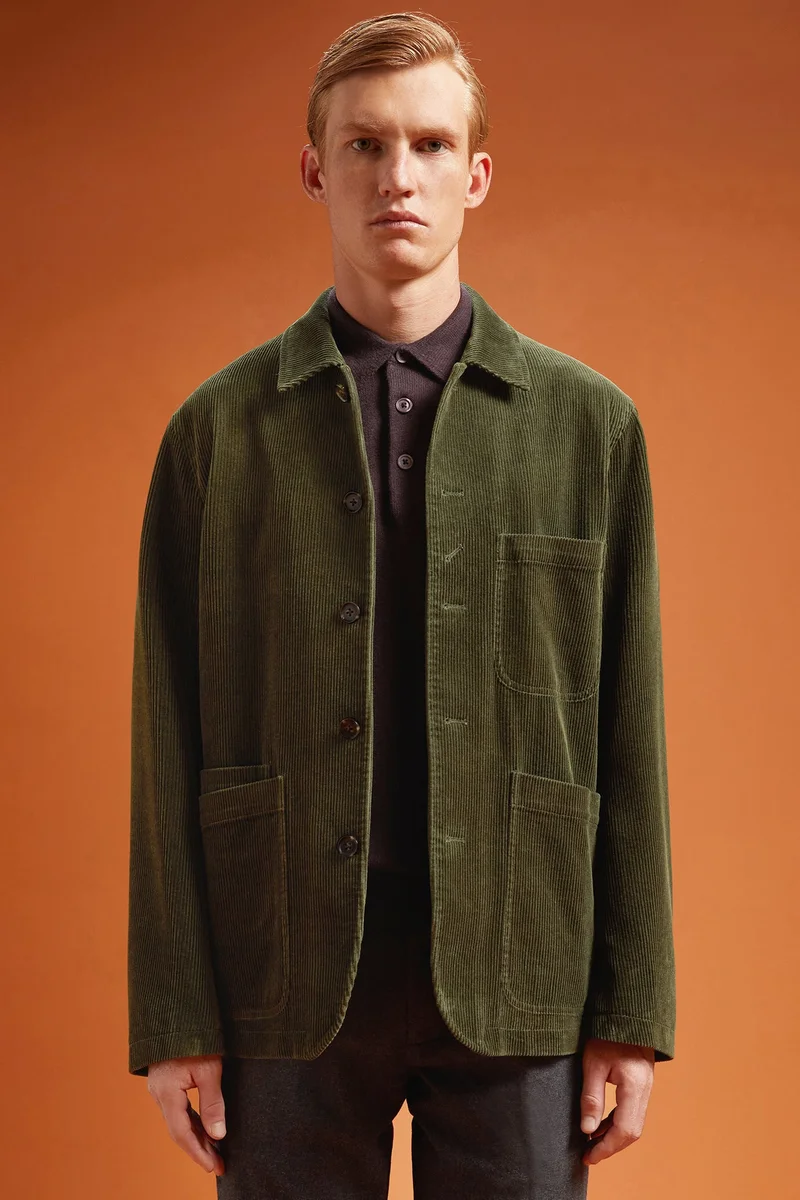 Men's regular fit jacket in 100% cotton velvet with three pockets - Olivegreen