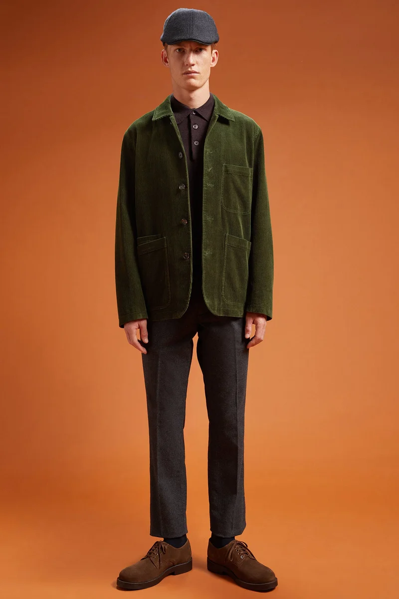 دوبل غانغر Men's regular fit jacket in 100% cotton velvet with three pockets - Olivegreen