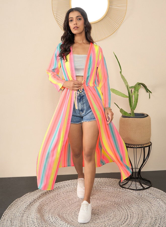 StyleStone سترة شروغ مفتوحة من ستايل ستون للنساء مزينة بألوان زاهية مطبوعة - Image 1