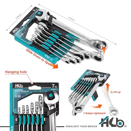 HB 7-Piece Ratchet Wrench Set WGM002-U | 90T & 120T Non-Slip Reversible Metric Wrenches 8–19mm | Patented Grip Plus Rounded Bolt Remover | Chrome Vanadium Steel Storage Rack Made in Taiwan - Image 2
