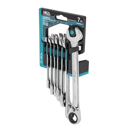 HB 7-Piece Ratchet Wrench Set WGM002-U | 90T & 120T Non-Slip Reversible Metric Wrenches 8–19mm | Patented Grip Plus Rounded Bolt Remover | Chrome Vanadium Steel Storage Rack Made in Taiwan - Image 1