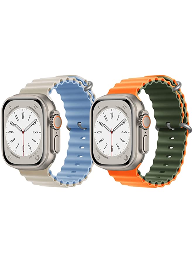 IAF Silicone Ocean Band Strap for Apple Watch Ultra 8 49mm Beige/Sky Blue Double Side Strap with Orange/Green Double Side Strap Set of 2