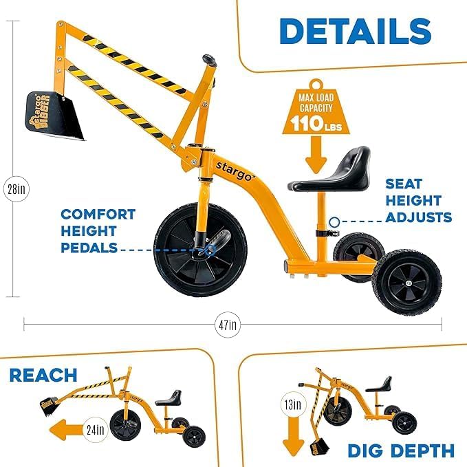 stargo Kids Excavator Sand Digger Tricycle with Pedals, Handlebar, Scooper and Rotating Wheel, Ride On Excavator Construction Toy Trike for Toddler Boy - Image 5