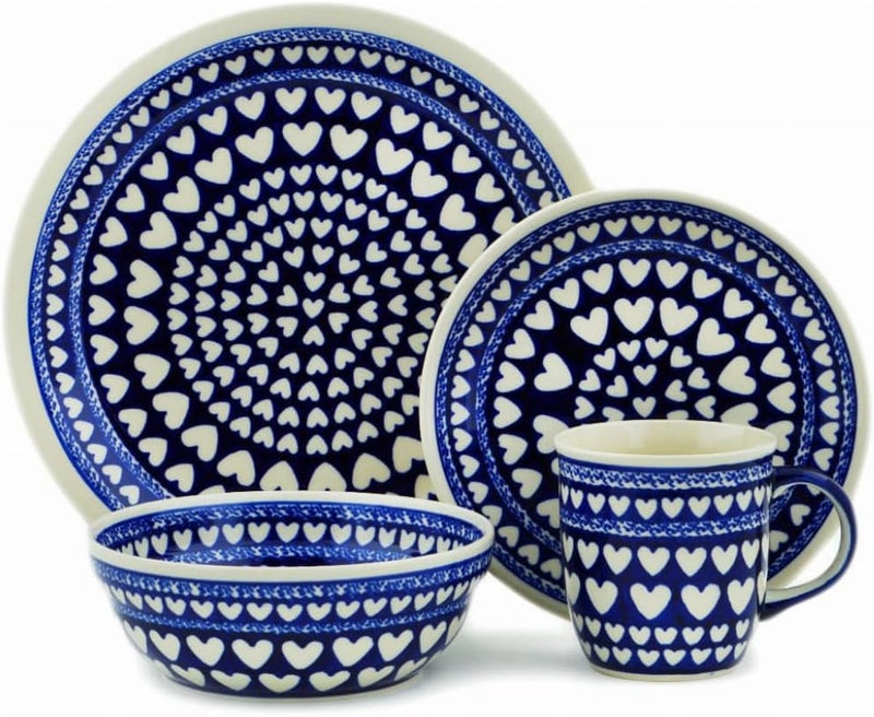 Polmedia Polish Pottery Authentic Polish Pottery 5 PC Place Setting in Heart Of Hearts Design Handmade in Bolesawiec Poland  Certificate of Authenticity  - Image 1