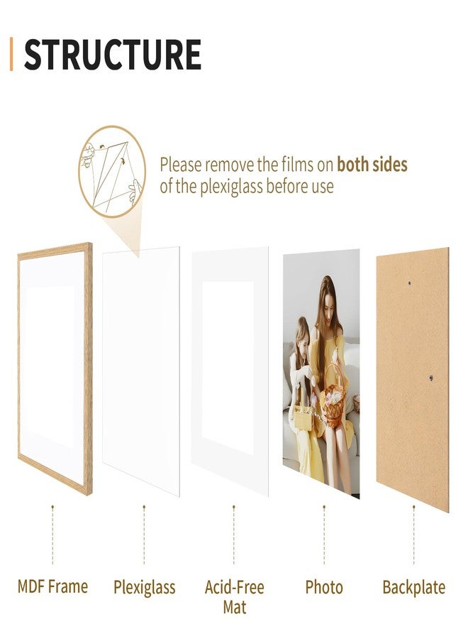 ATOBART 11x14 Picture Frame Set of 4, Displays 8x10 with Mat or 11x14 Without Mat, Photo Frames for Wall Hanging or Tabletop, Includes HD Plexiglass, Light Wood Grain - Image 3