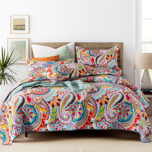 Qucover California King Quilt Cotton Boho Paisley Quilt 3 Piece Lightweight Oversized King Bedspread with Pillow Shams Lightweight Colorful Bedding Comforter Sets 118x106