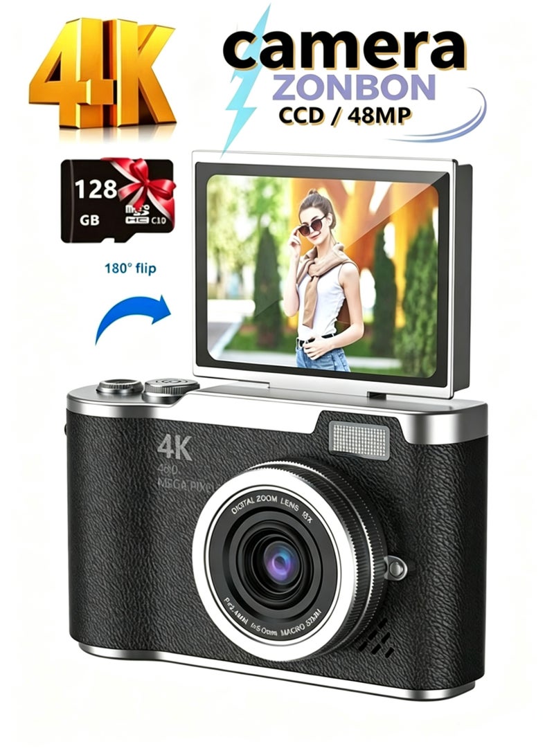 ZONBON 4k CCD Digital Zoom Student Digital Camera 48MP Portable Digital Photography Camera 180° Flip Screen Selfie Camera，with 128GB SD card - Image 1