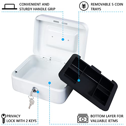 KYODOLED Medium Cash Box with Money Tray,Small Safe Lock Box with Key,Cash Drawer,7.87"x 6.30"x 3.54" White Medium - Image 3