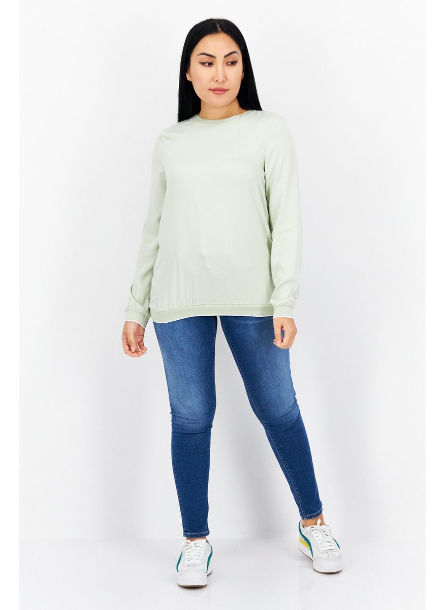 s.Oliver Women Crew Neck Long Sleeves Plain Blouse, Light Olive  - Image 2