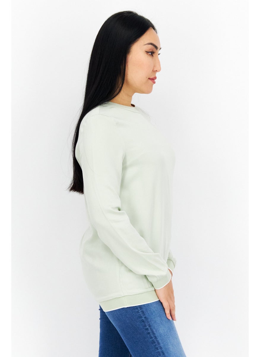 s.Oliver Women Crew Neck Long Sleeves Plain Blouse, Light Olive  - Image 4