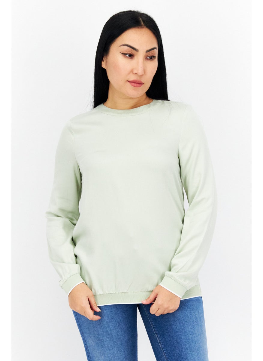 s.Oliver Women Crew Neck Long Sleeves Plain Blouse, Light Olive  - Image 1