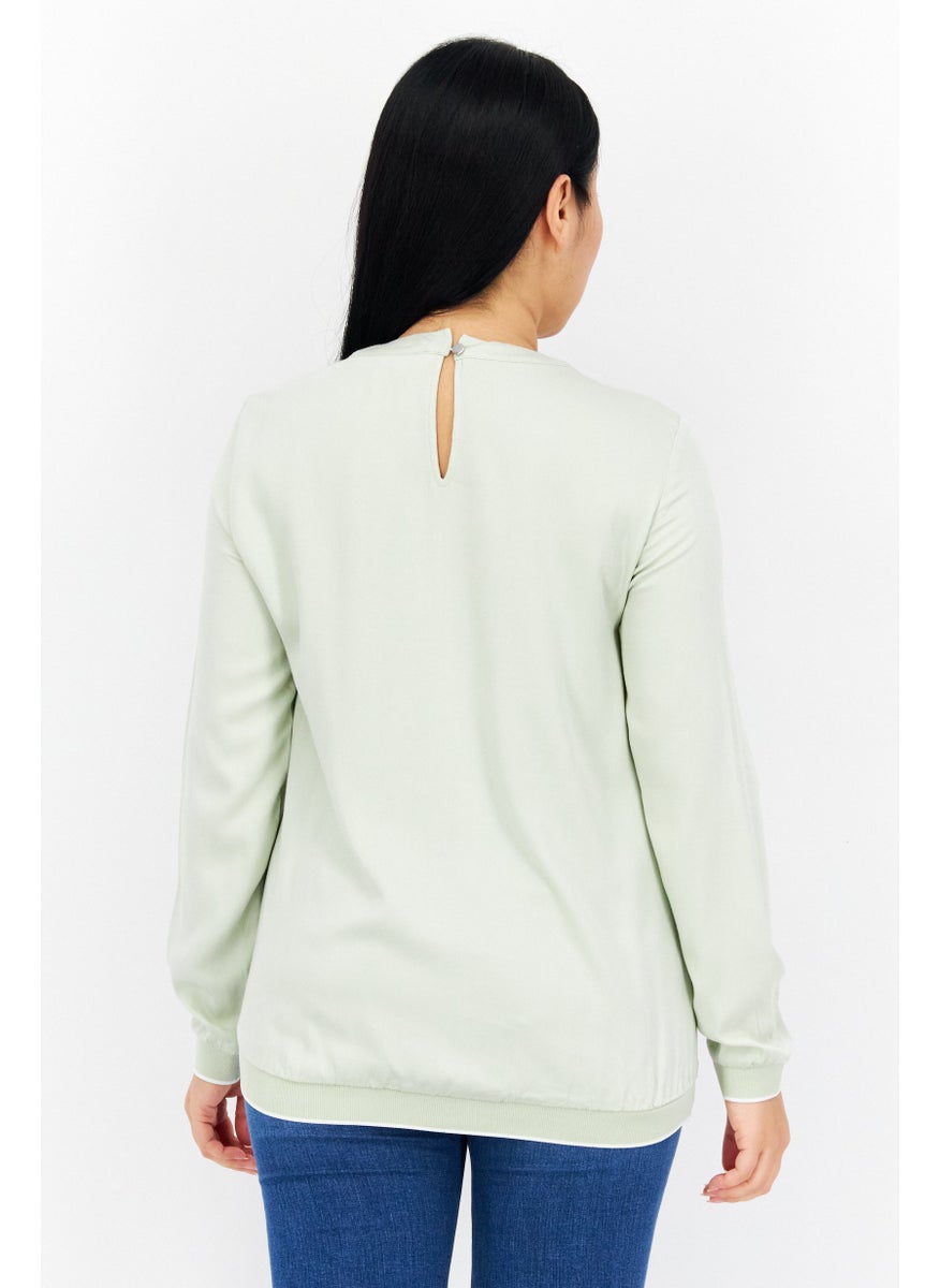 s.Oliver Women Crew Neck Long Sleeves Plain Blouse, Light Olive  - Image 3