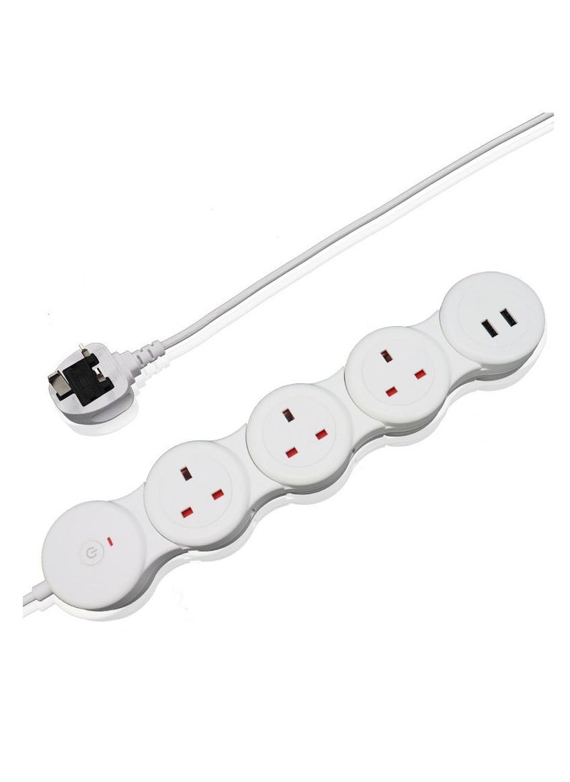 Flash Hawk Adjustable 4-ports Uk Power Strip Extension Cord With 2 Usb Ports 1.8m White  - Image 1