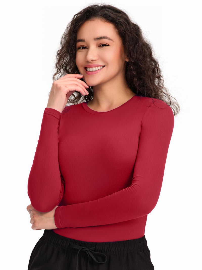 COZYFIT Scrub Undershirts Long Sleeve Women - Underscrub Comfort Tee with Soft Stretch Fabric, Burgundy, M - Image 1