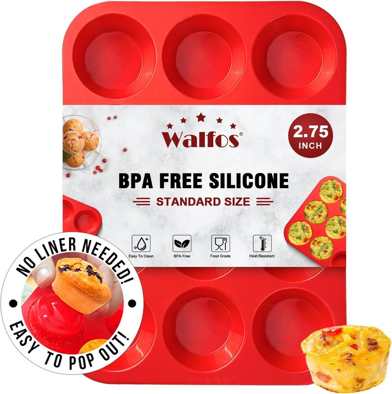 Walfos قالب ولفوس سيليكون للمافن - 12 كوب قالب كب كيك سيليكون عادي، غير لاصق رائع لصنع كيك المافن، التارت، الخبز - خالٍ من BPA وآمن للغسالة الصحون - Image 1