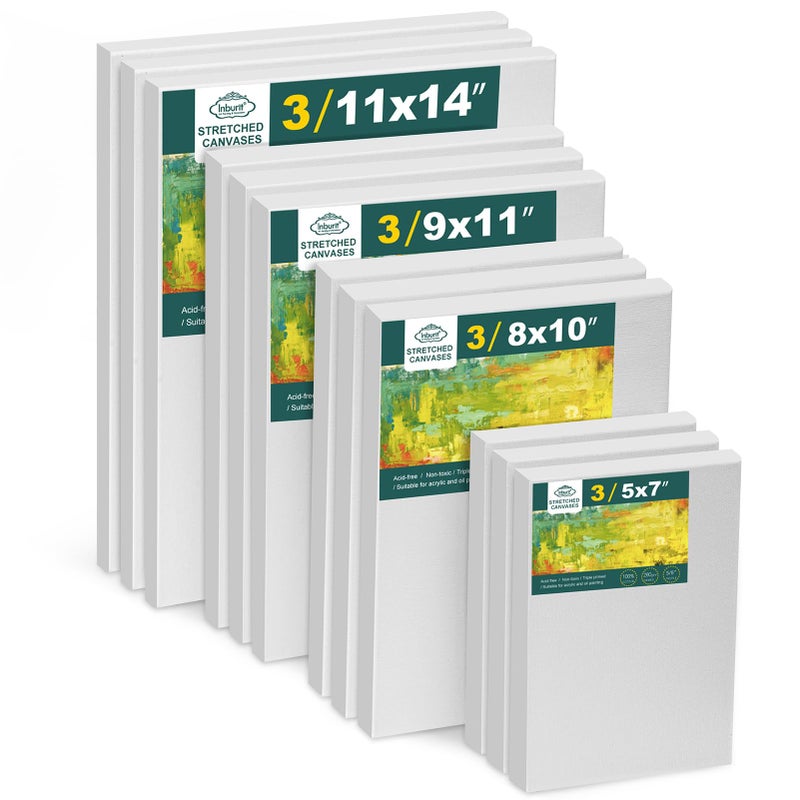 Inburit 12 Pack Canvas for Painting with 11x14 9 x12 8x10 5x7 3 of Each Blank Primed Stretched Canvases for Oil Acrylic  Others Multi Size Set for Artist Student and Beginners
