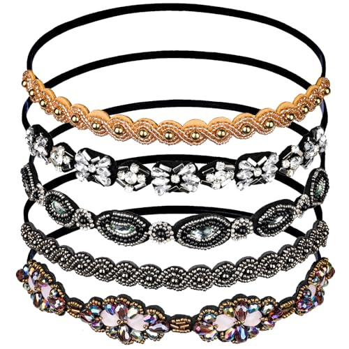 Teenitor Elastic Beaded Headbands, 5pcs Beads, Crystal Rhinestone for Women & Girls - Image 1